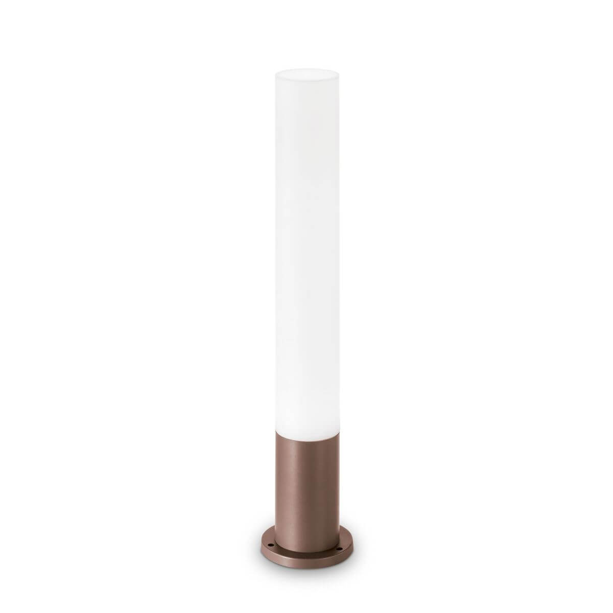 Lampadaire extérieur cylindrique à base marron et diffuseur blanc, présenté de face sur fond blanc.