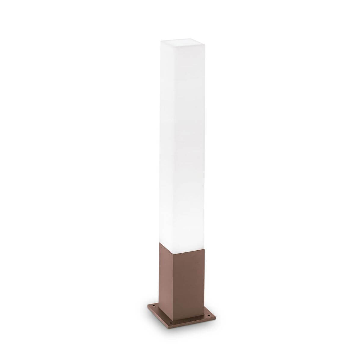 Lampadaire extérieur colonne carrée, base marron et diffuseur blanc opaque, fond neutre