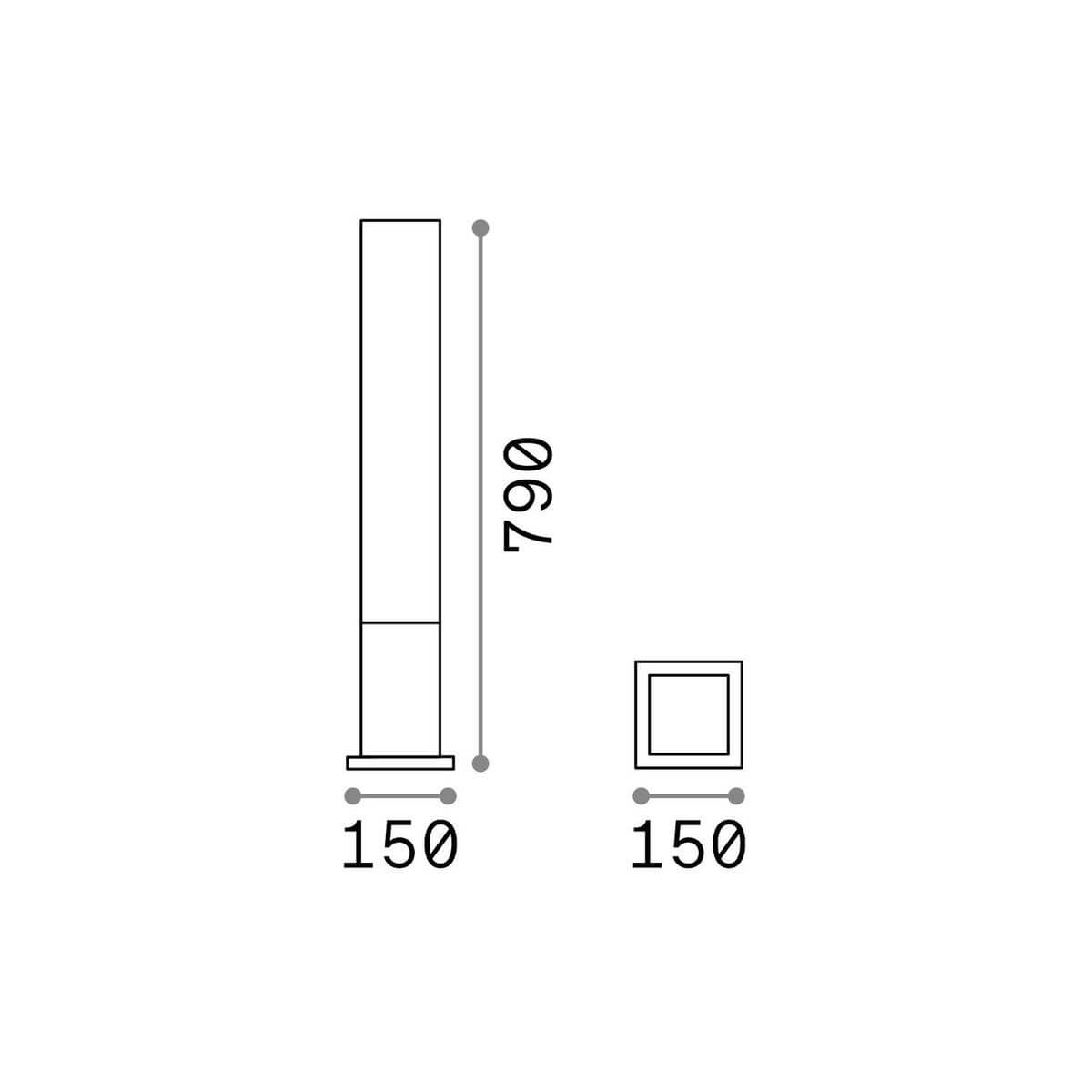 Schéma coté du luminaire : hauteur 790 mm, largeur 150 mm, section carrée vue de dessus