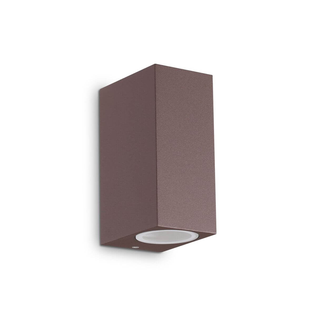 Applique murale extérieure marron vue de trois quarts, diffuseur blanc orienté vers le bas