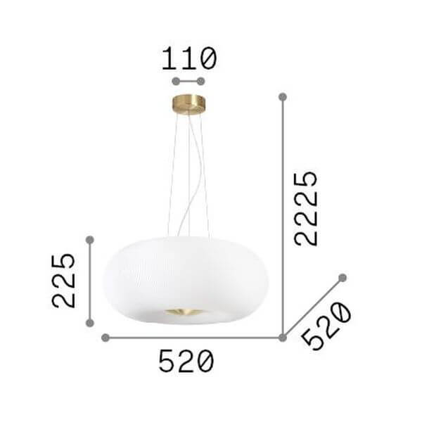 Schéma coté : 520 mm de large, 225 mm de haut, 2225 mm de câble.