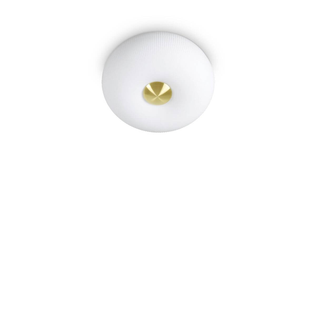 Plafonnier rond en verre blanc strié vu de face, pastille dorée centrale