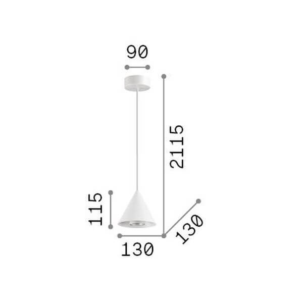 Schéma technique coté du luminaire : diamètre 13 cm, hauteur et longueur de câble.