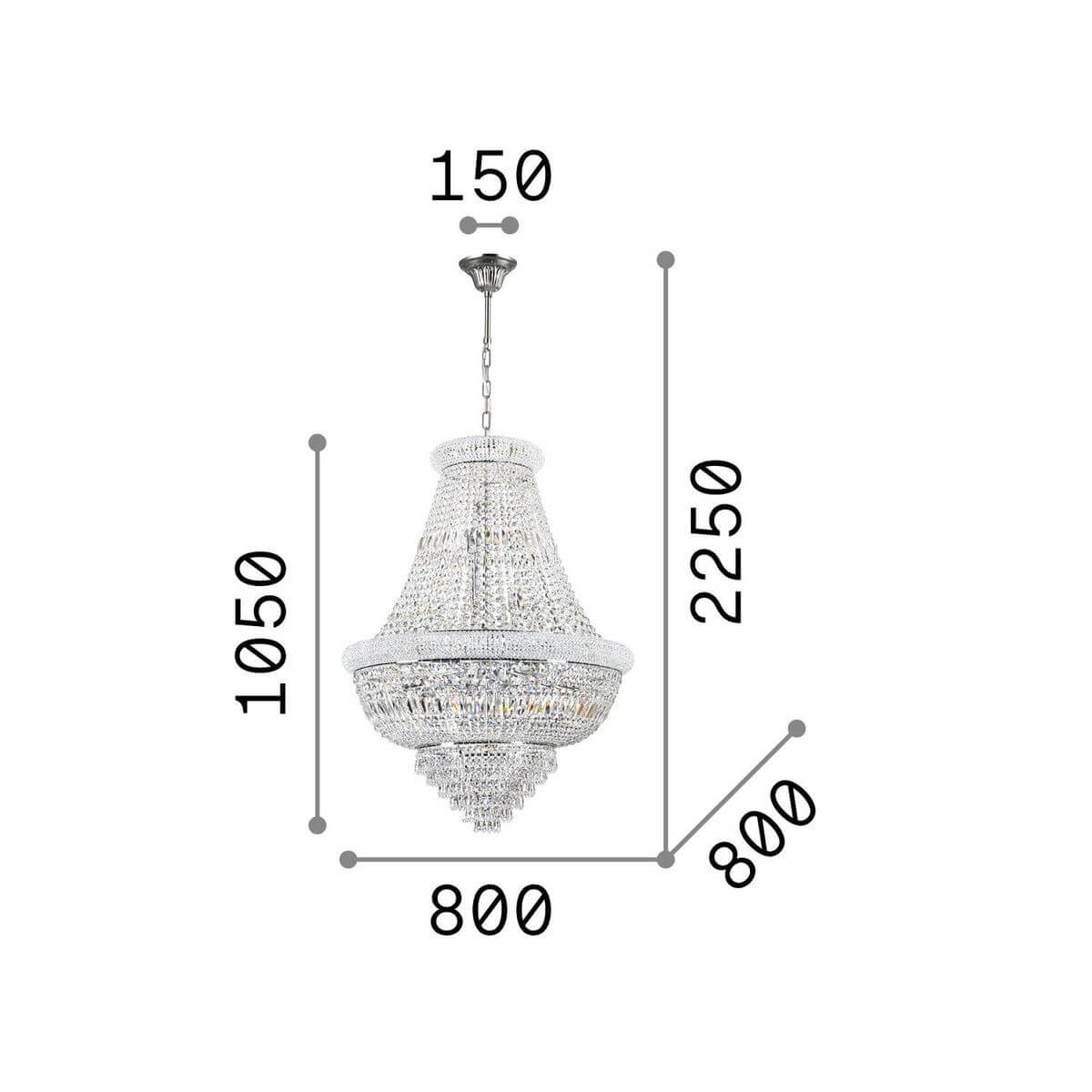 Schéma coté du luminaire : largeur 800 mm, hauteur 1050 mm, hauteur totale 2250 mm