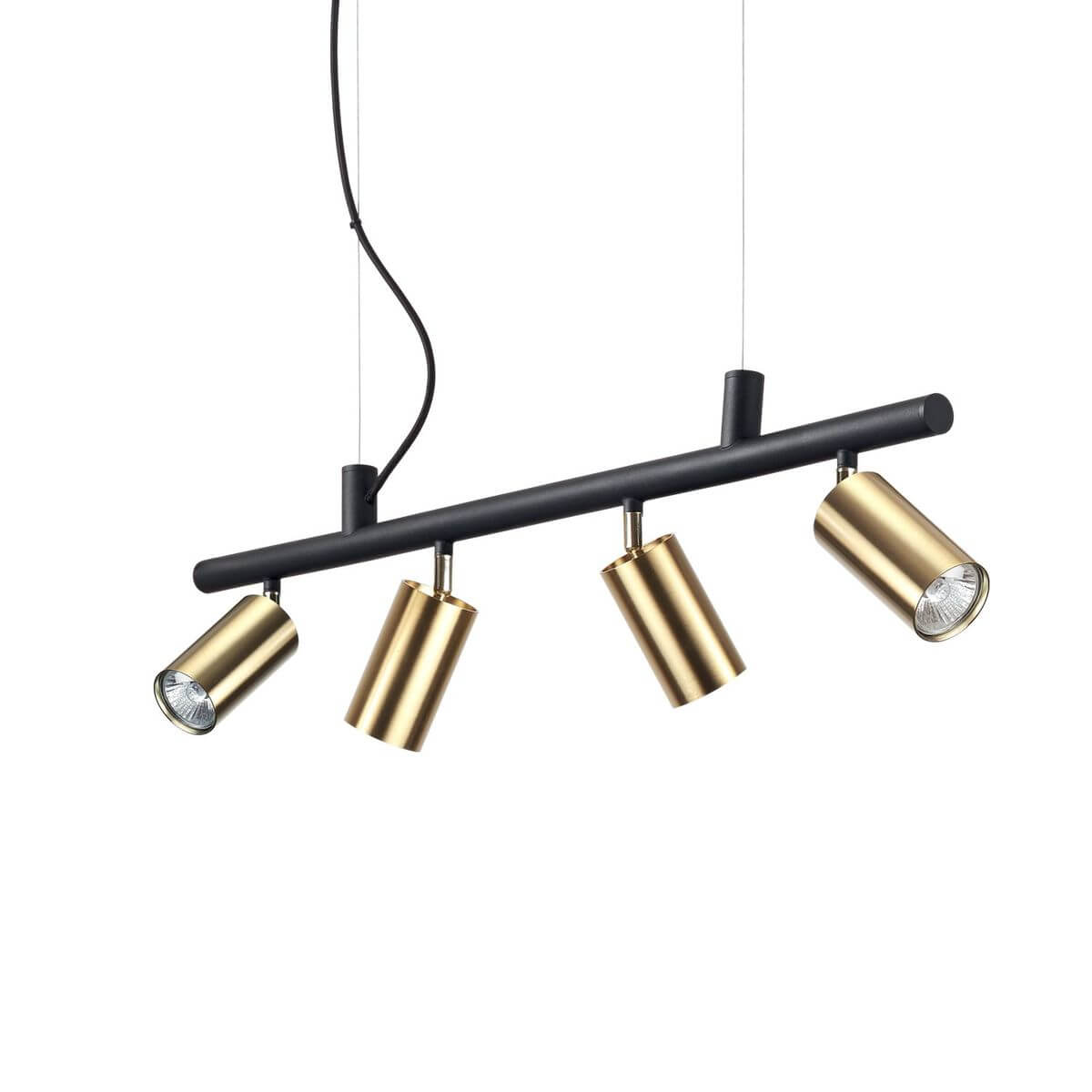 Suspension linéaire noire avec quatre spots cylindriques orientables en laiton doré