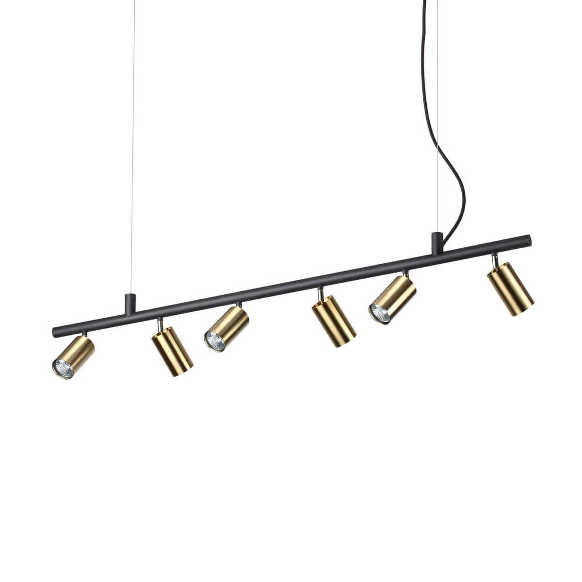 Suspension linéaire noire avec six spots cylindriques en laiton orientables.