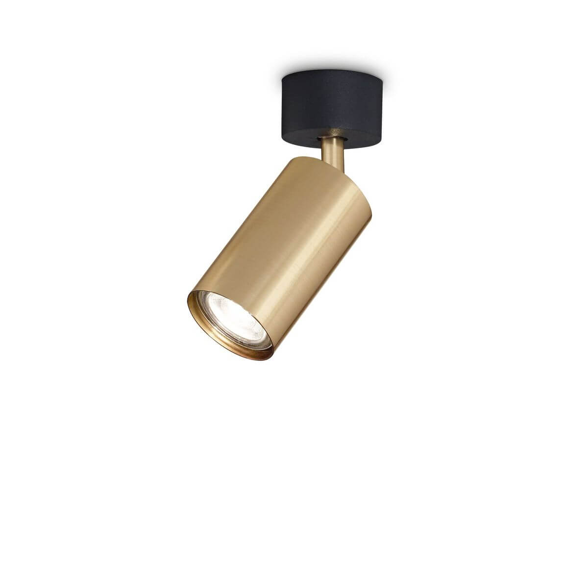 Vue de face du spot cylindrique laiton avec embase noire mate orientable