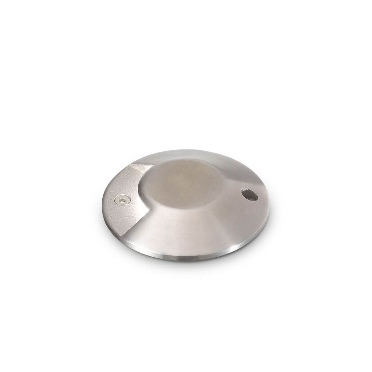 Vue de dessus d'un luminaire rond en acier inoxydable avec lentille centrale.