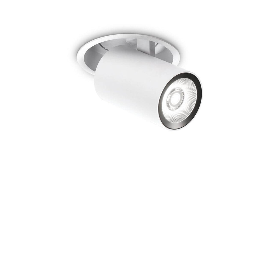 Spot encastrable blanc orientable vu de trois quarts, projecteur cylindrique avec LED