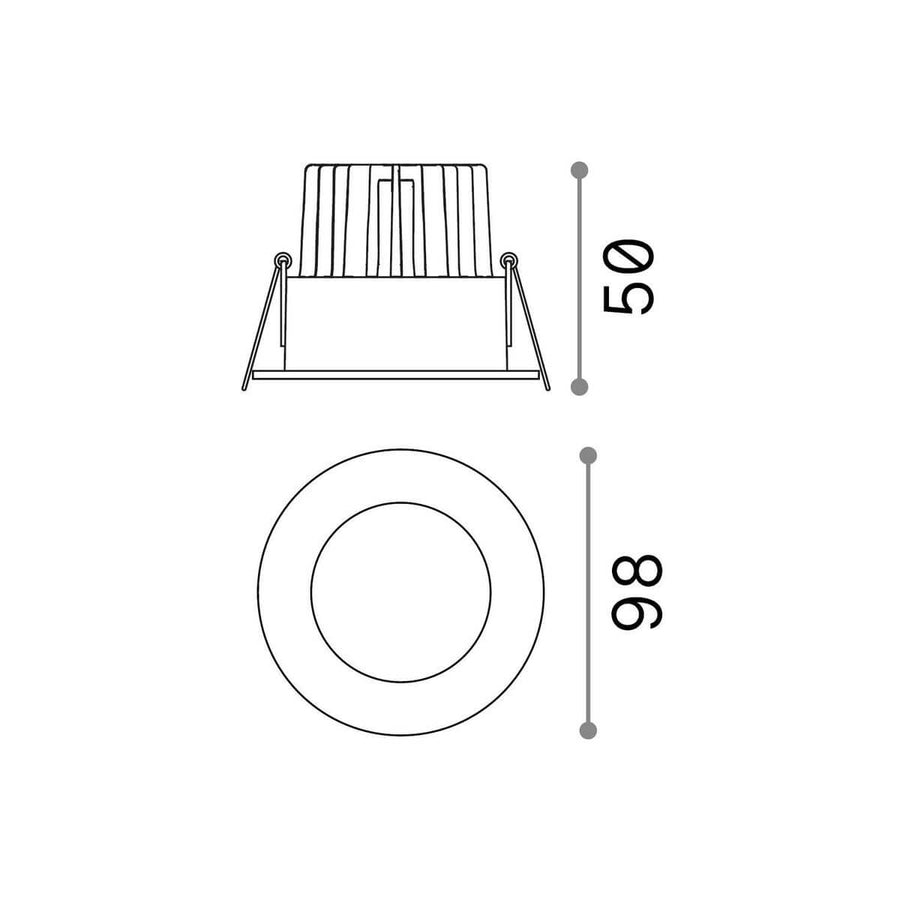 Schéma technique coté du spot rond, diamètre 98 et hauteur 50 mm