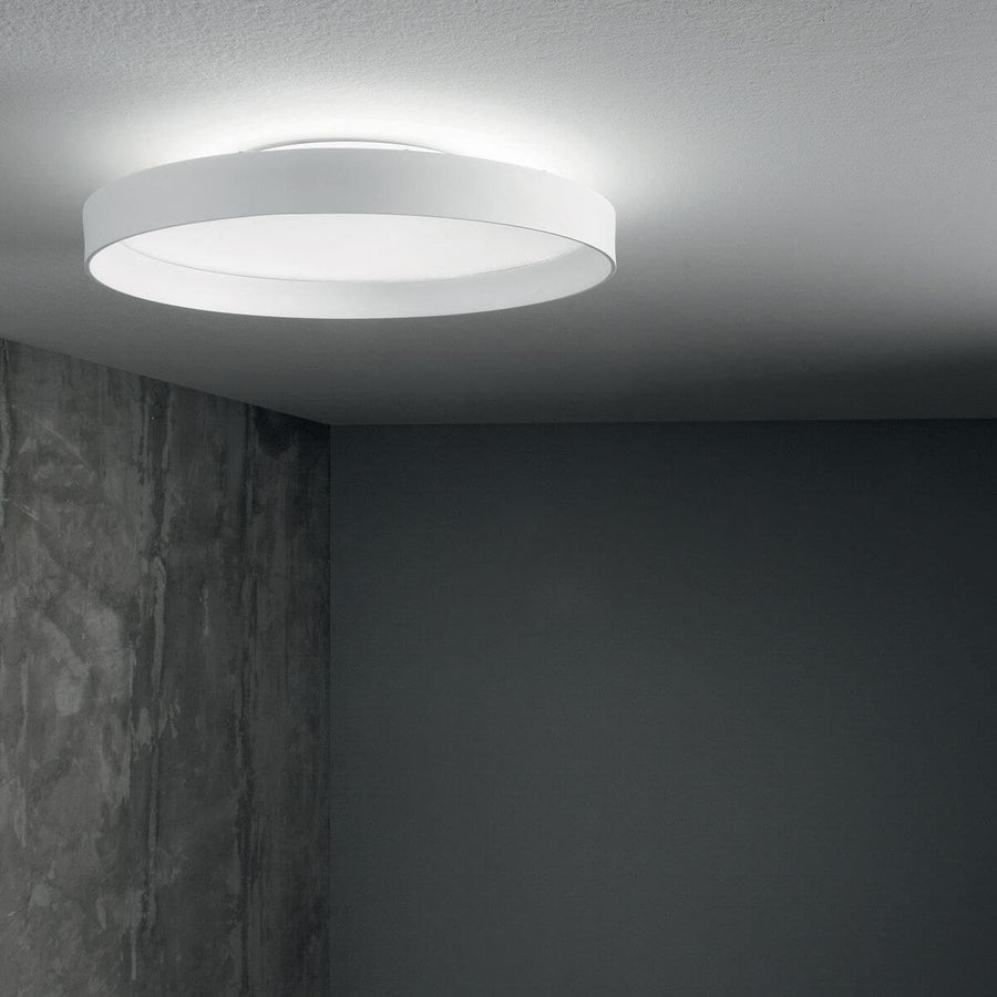 Vue en situation au plafond, halo lumineux diffusé sur béton gris