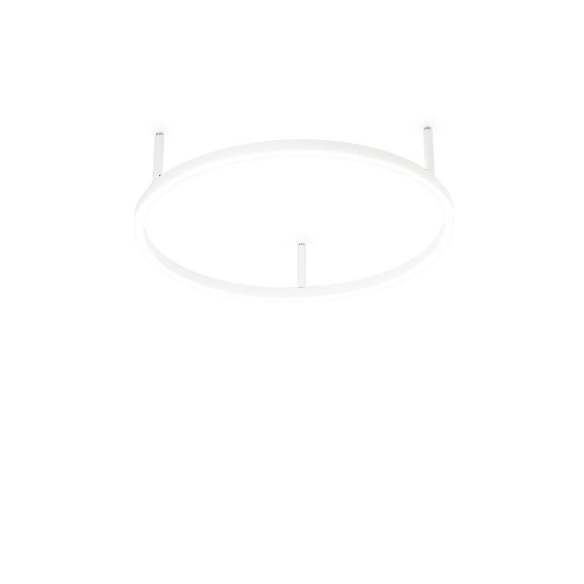Vue de face du plafonnier blanc circulaire avec fixations apparentes.