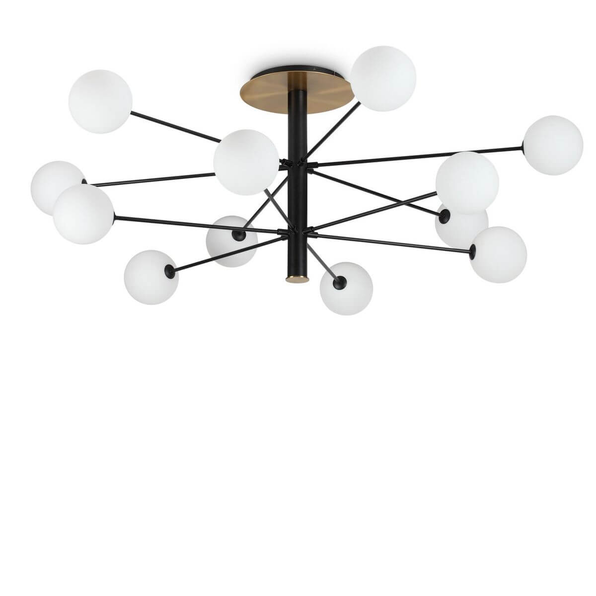 Plafonnier douze lumières vu de face, bras noirs et globes de verre blanc.