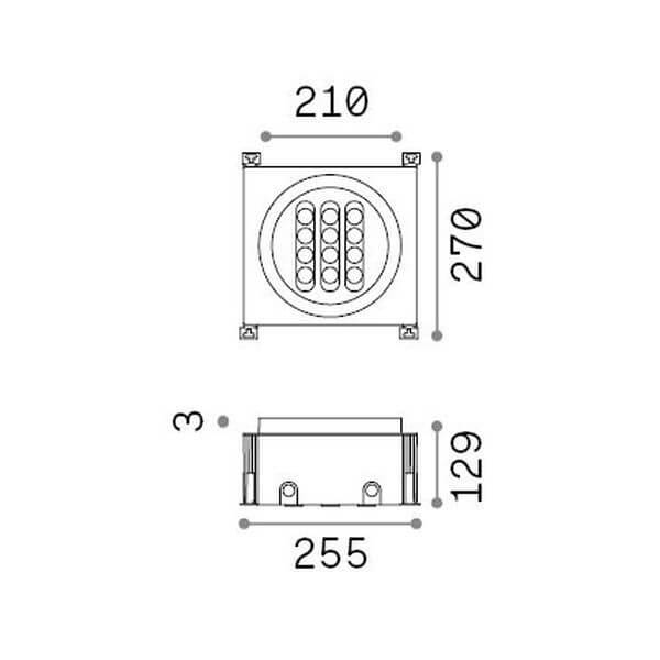 Schéma technique coté du luminaire rond avec dimensions 210, 255, 270 et 129 mm