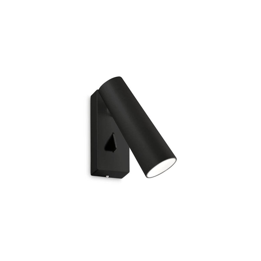 Applique murale noire en tube cylindrique orientable, vue de face sur fond blanc
