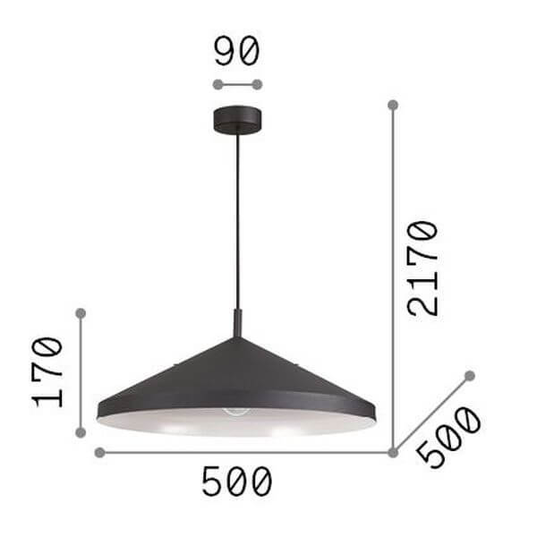 Schéma technique coté d'une suspension noire, diamètre 50 cm et hauteur réglable 217 cm.