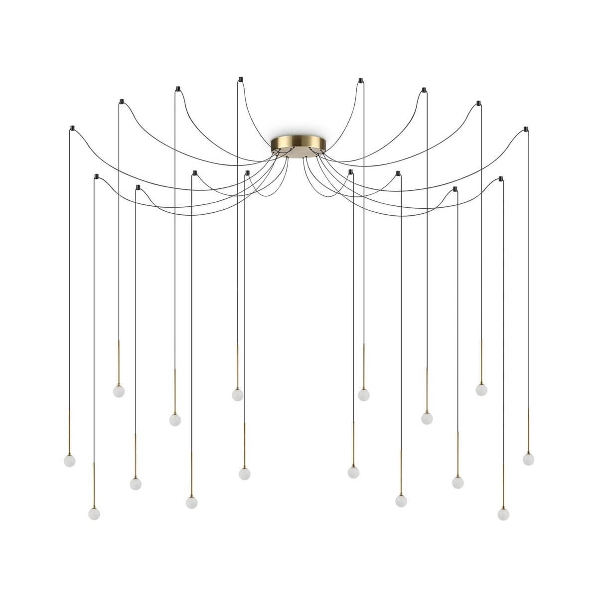 Suspension au design araignée, multiples globes de verre suspendus par câbles noirs et fins.