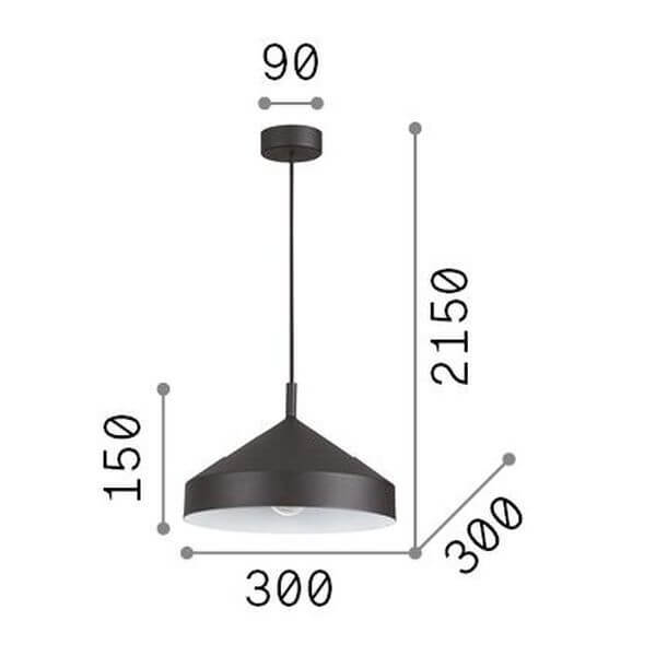 Schéma coté du luminaire : diamètre 300 mm, hauteur d'abat-jour 150 mm, câble 2150 mm