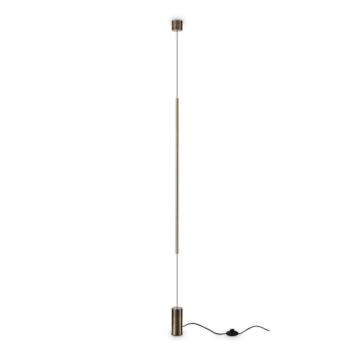 Lampadaire vertical en laiton et verre, de face sur fond blanc, avec câble et interrupteur.