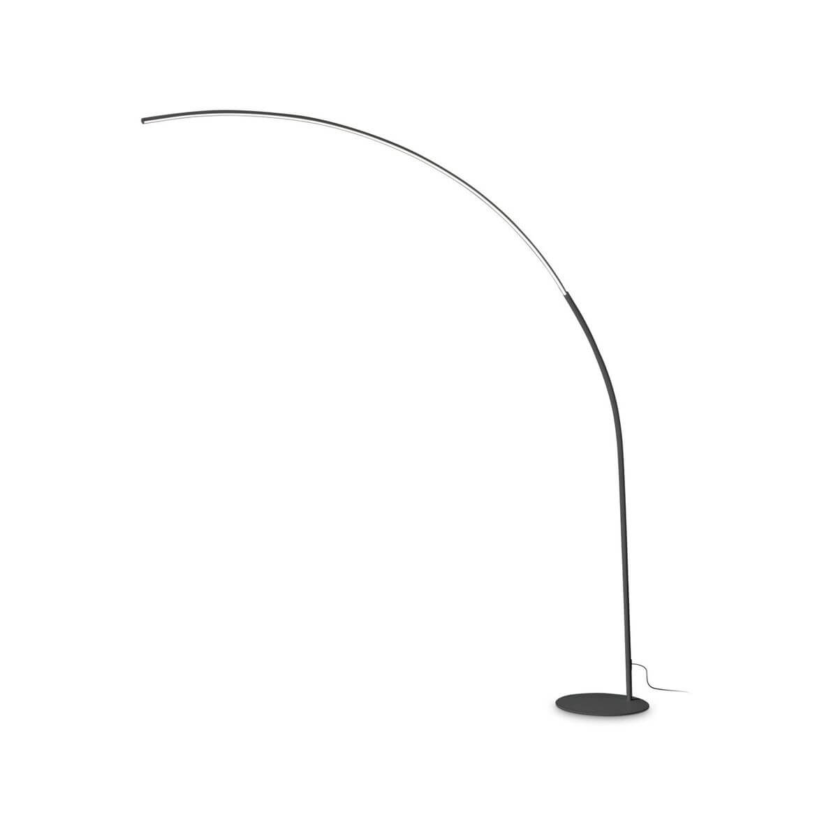 Lampadaire noir au long bras courbé et socle plat, vu de face sur fond blanc
