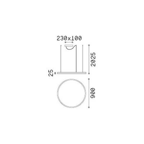 Schéma technique coté du luminaire avec diamètre et hauteur de suspension