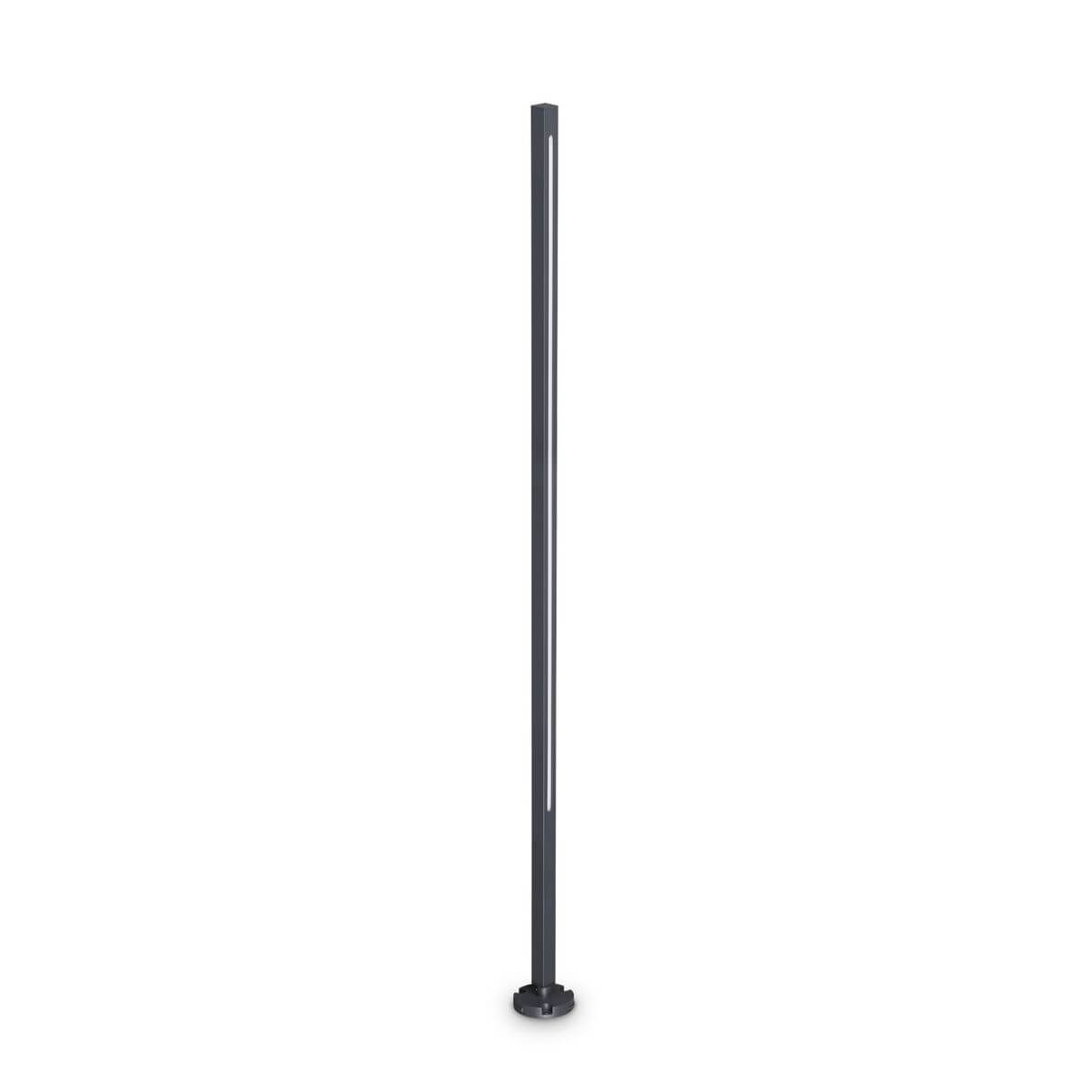 Lampadaire extérieur anthracite vu de face avec diffuseur linéaire et embase circulaire