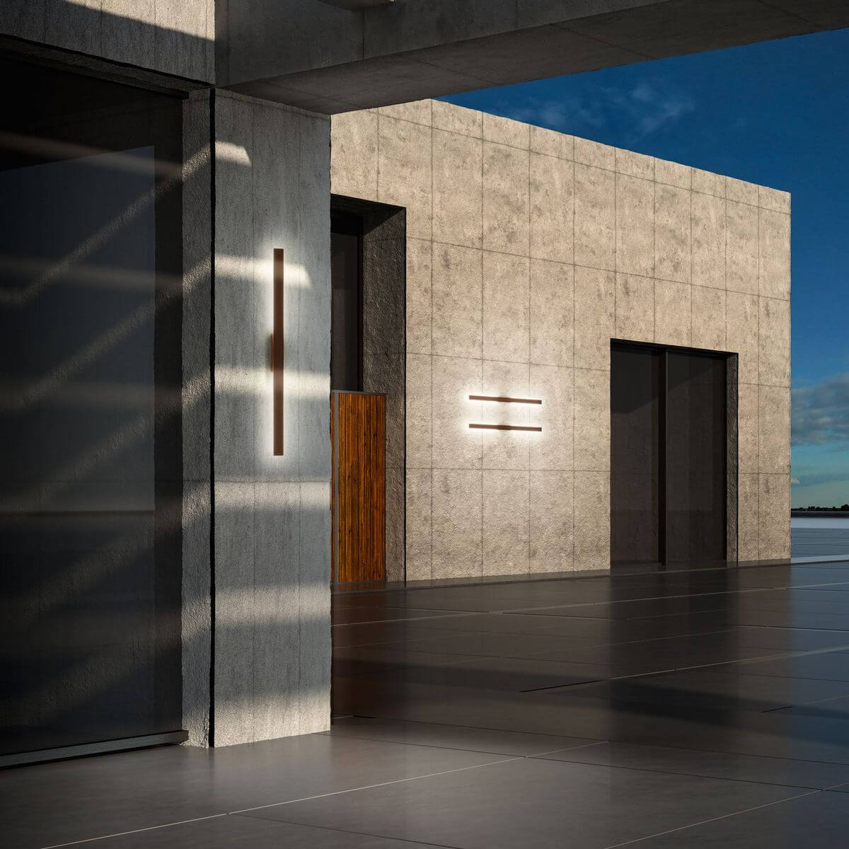 Mise en ambiance sur mur en béton avec applique linéaire verticale et horizontale.