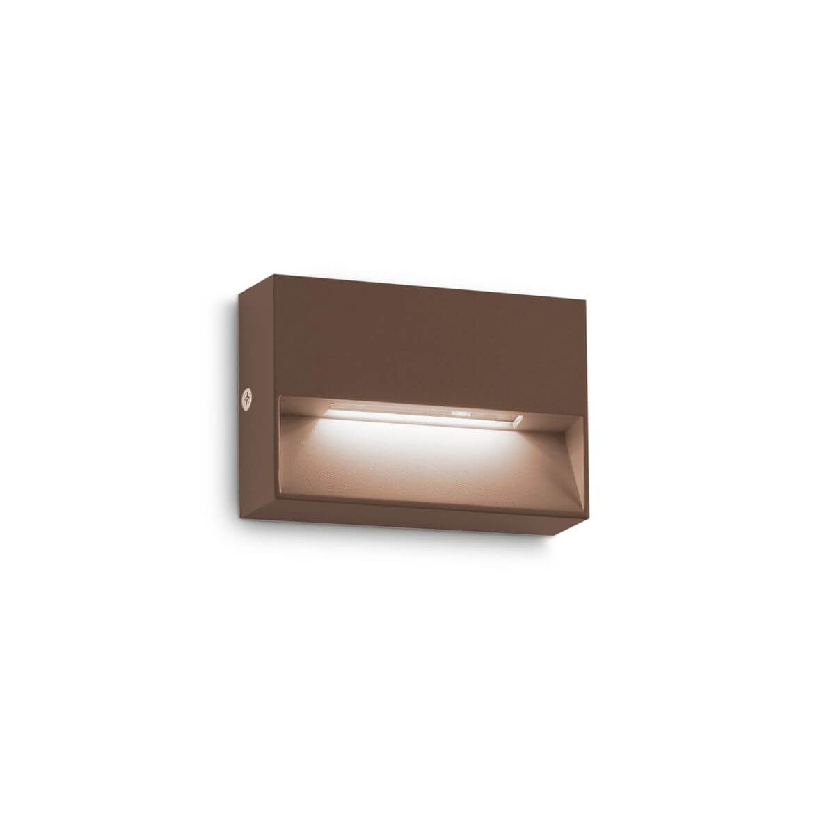 Vue de face de l'applique murale rectangulaire marron avec éclairage LED intégré.