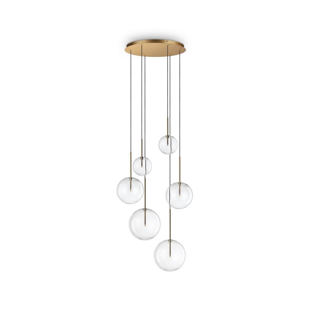 Suspension laiton avec six globes de verre transparent suspendus à différentes hauteurs