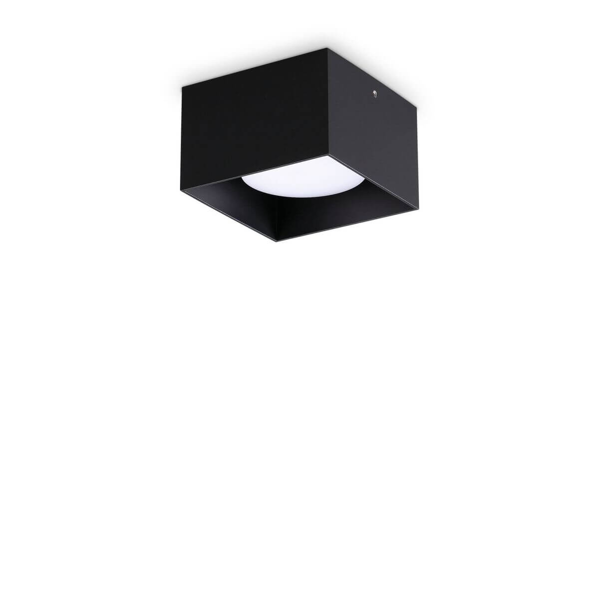 Plafonnier cubique noir vu de dessous, diffuseur blanc, fixation au plafond
