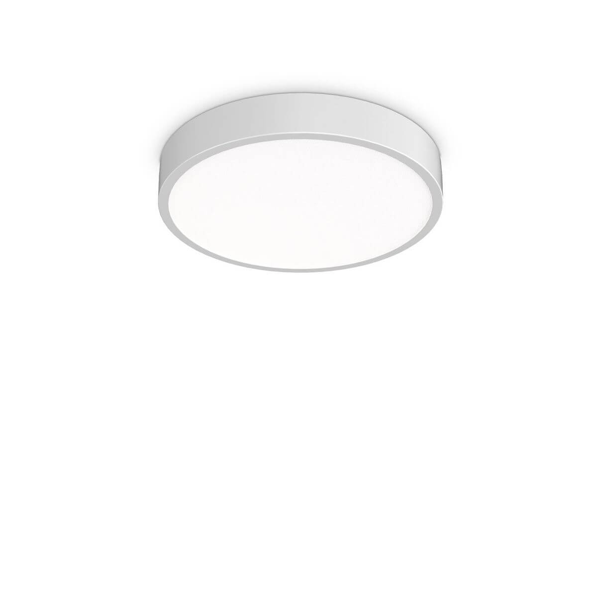 Plafonnier rond blanc vu de face, diffuseur opalin allumé sur fond neutre
