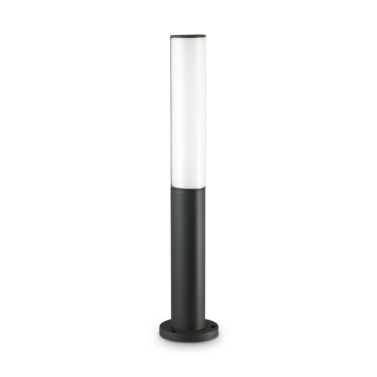 Lampadaire extérieur noir de face sur fond blanc avec diffuseur cylindrique.