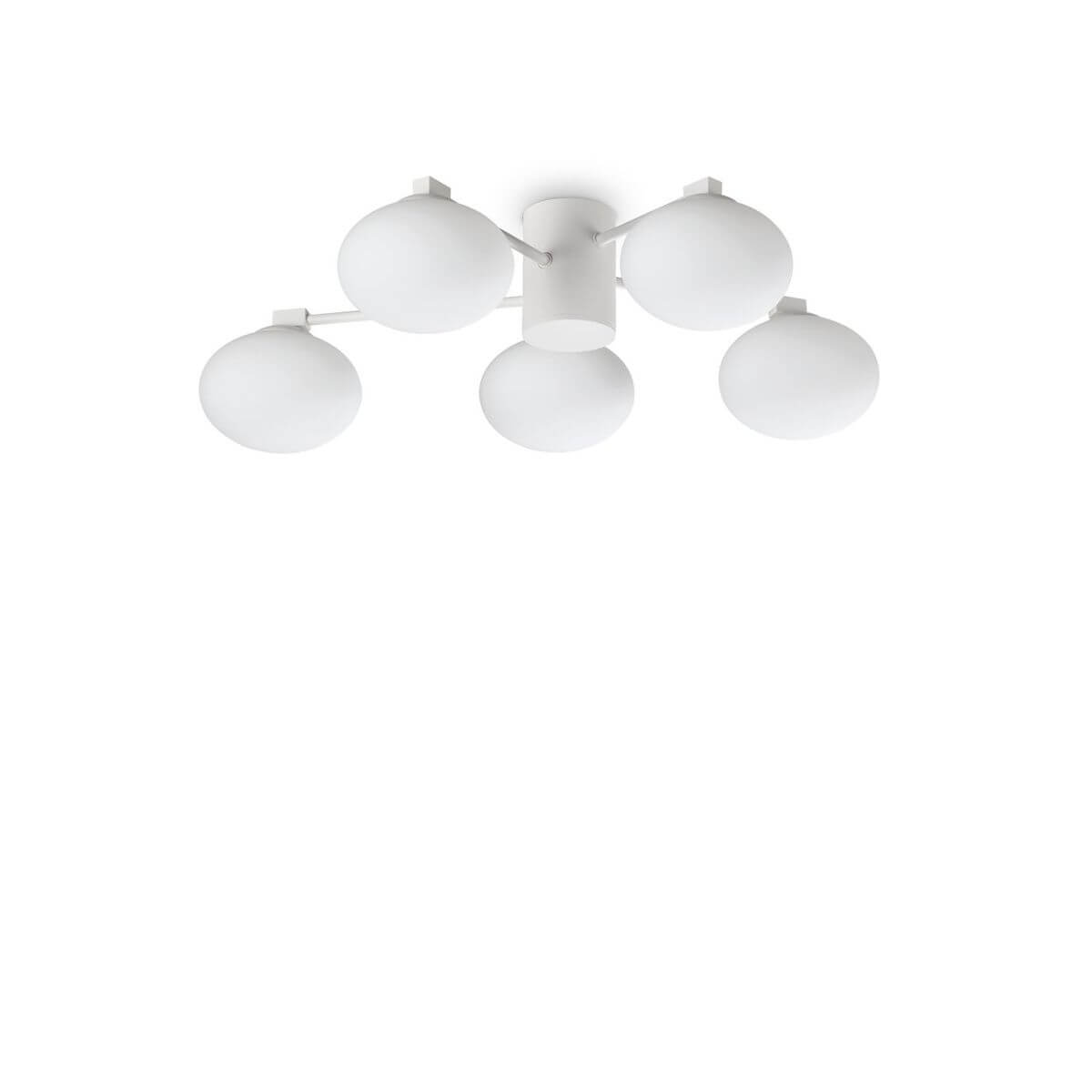 Plafonnier blanc à cinq globes opalins vus de face sur fond blanc