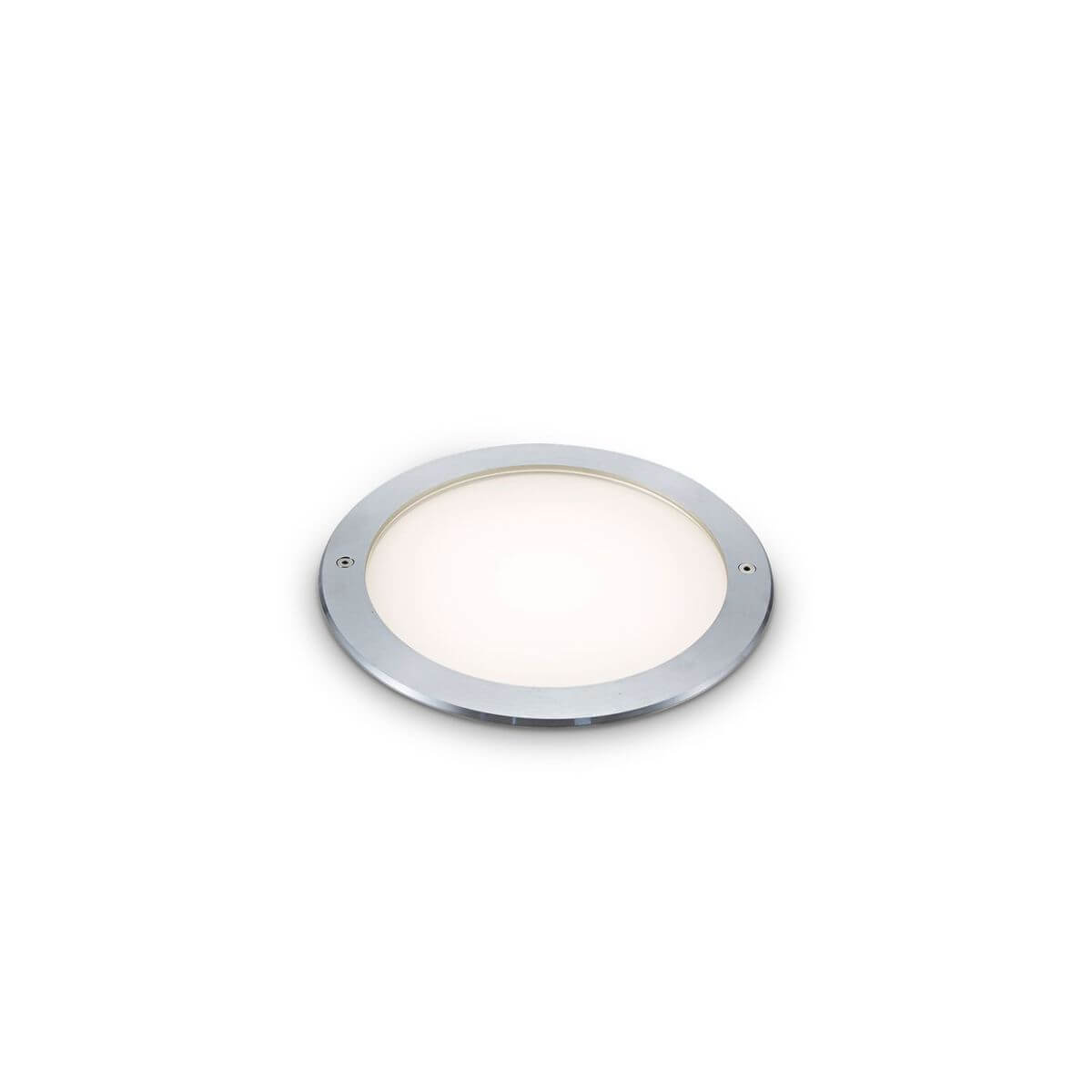 Vue de face du luminaire rond avec diffuseur blanc et bordure métallique argentée