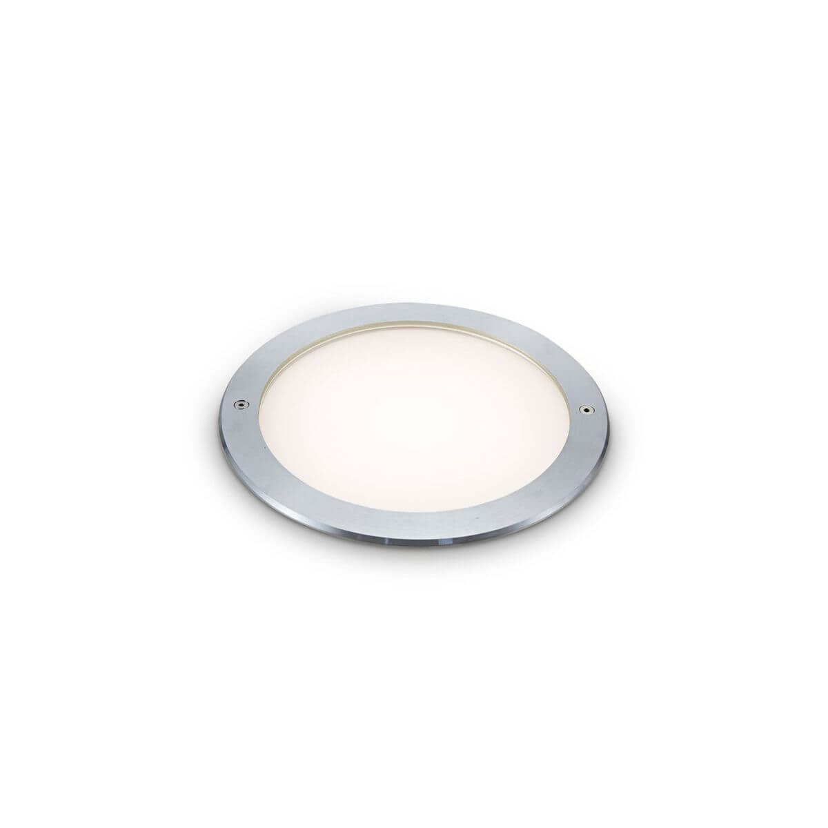 Vue de face du luminaire encastré rond, cerclage chromé et diffuseur blanc opaque