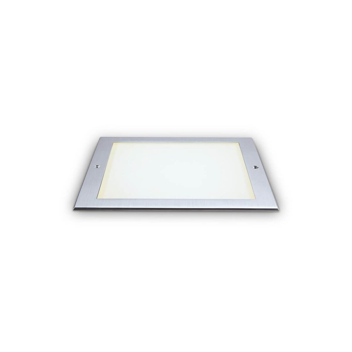 Vue de face du luminaire rectangulaire à encastrer, cadre argenté et diffuseur blanc