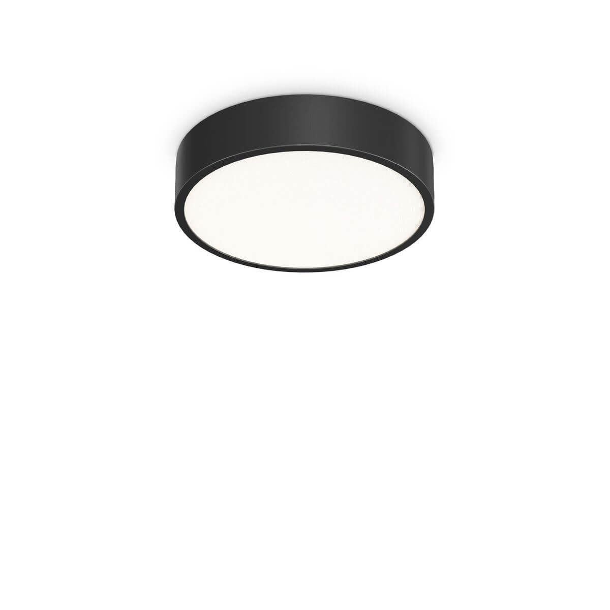Plafonnier rond noir vu de face, diffuseur blanc opalin, montage au plafond