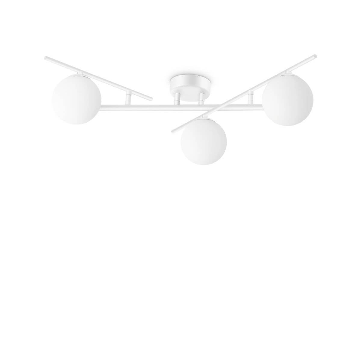 Plafonnier blanc à trois globes en verre, structure métallique en croix
