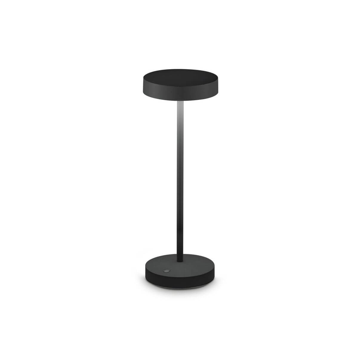 Lampe noire sans fil de face, base ronde, tige fine et diffuseur circulaire.