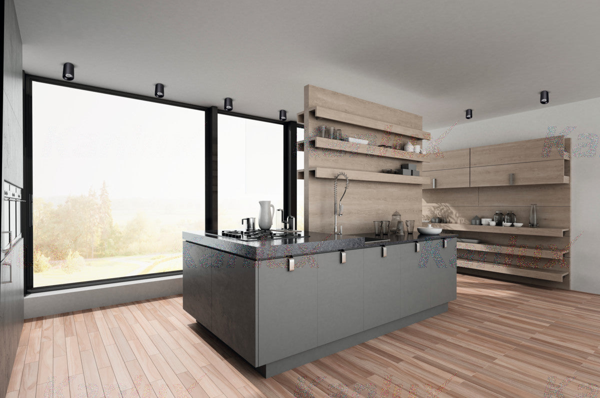 Cuisine contemporaine avec plusieurs spots noirs alignés au plafond au-dessus des plans.