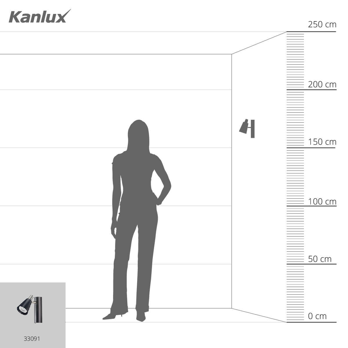 Schéma de dimensions avec silhouette humaine, échelle graduée et repère du produit.