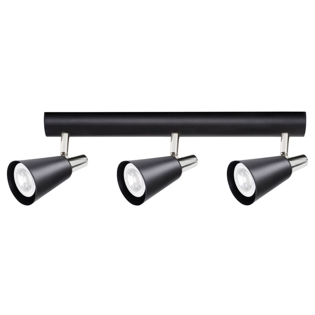Spot noir à trois têtes coniques orientables sur une barre cylindrique horizontale.