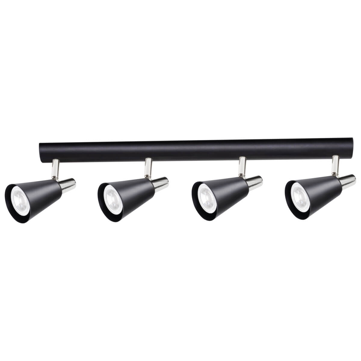 Spot plafond quatre lumières noires sur barre linéaire vue de face