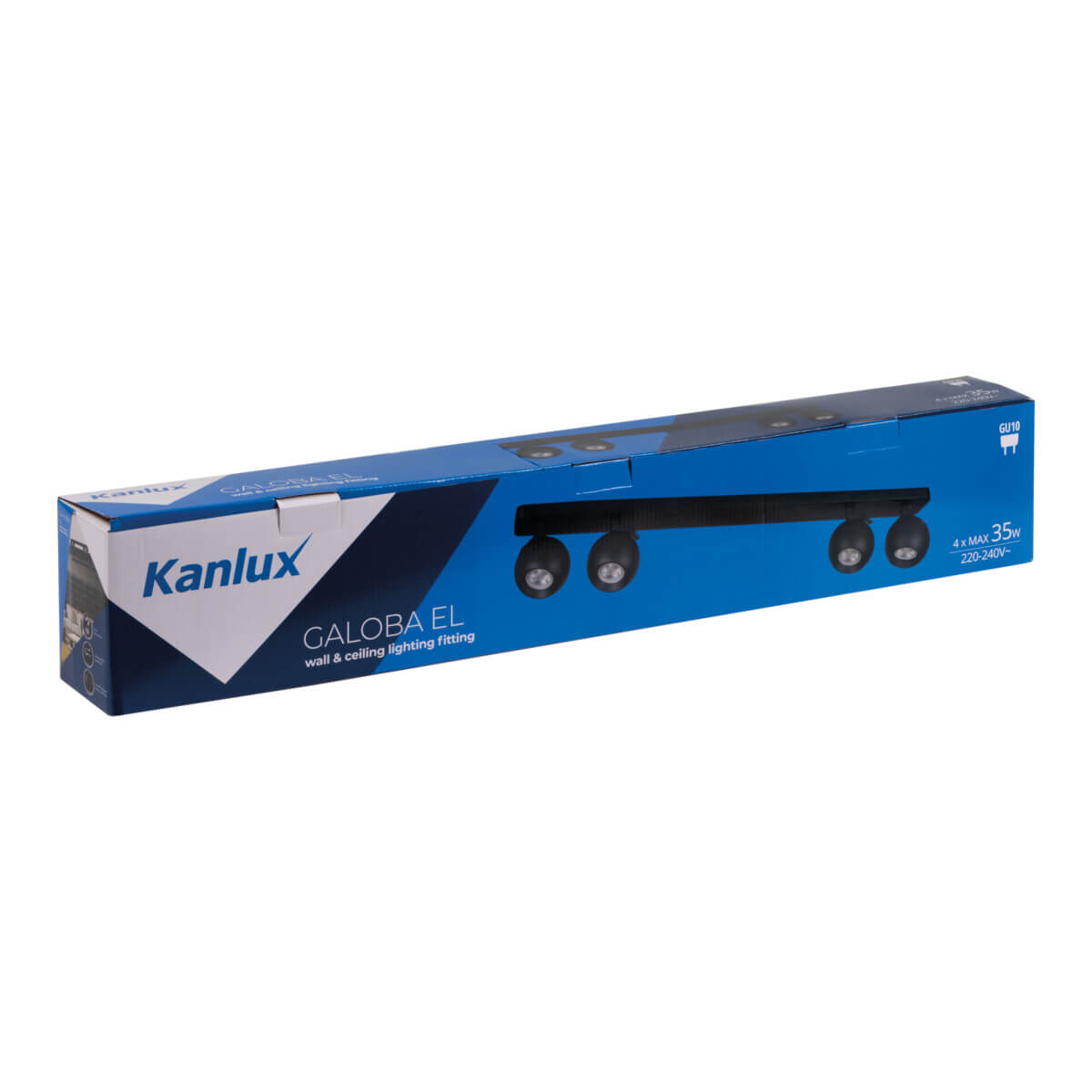 Emballage carton bleu du spot quatre lumières, vue de trois quarts