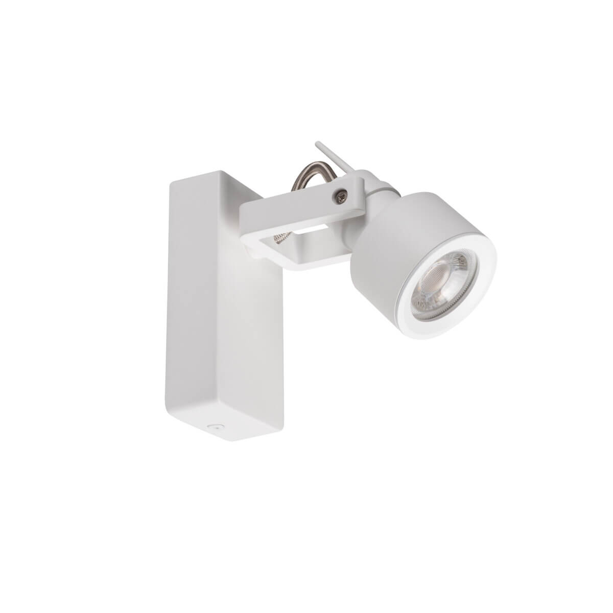 Spot mural blanc orientable vu de trois quarts sur fond neutre