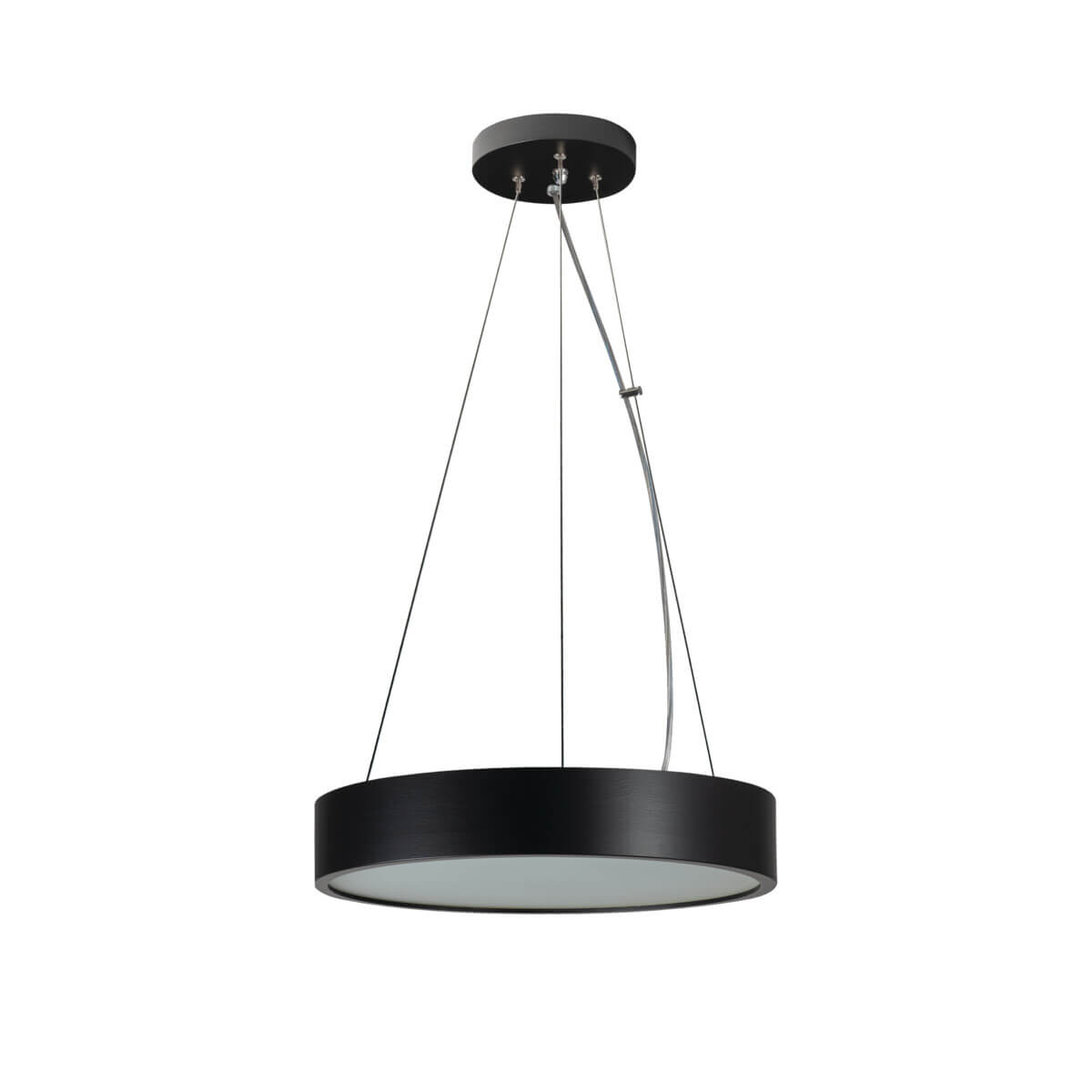 Suspension noire à abat-jour cylindrique et diffuseur blanc, vue de face sur fond blanc.