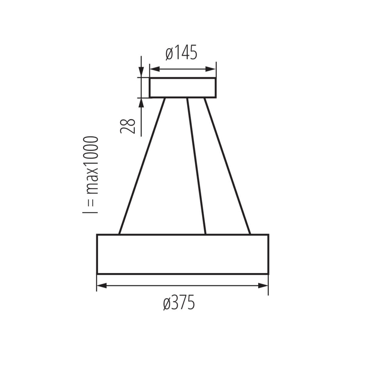Schéma de dimensions du luminaire avec diamètre de l’abat-jour et hauteur maximale de suspension.