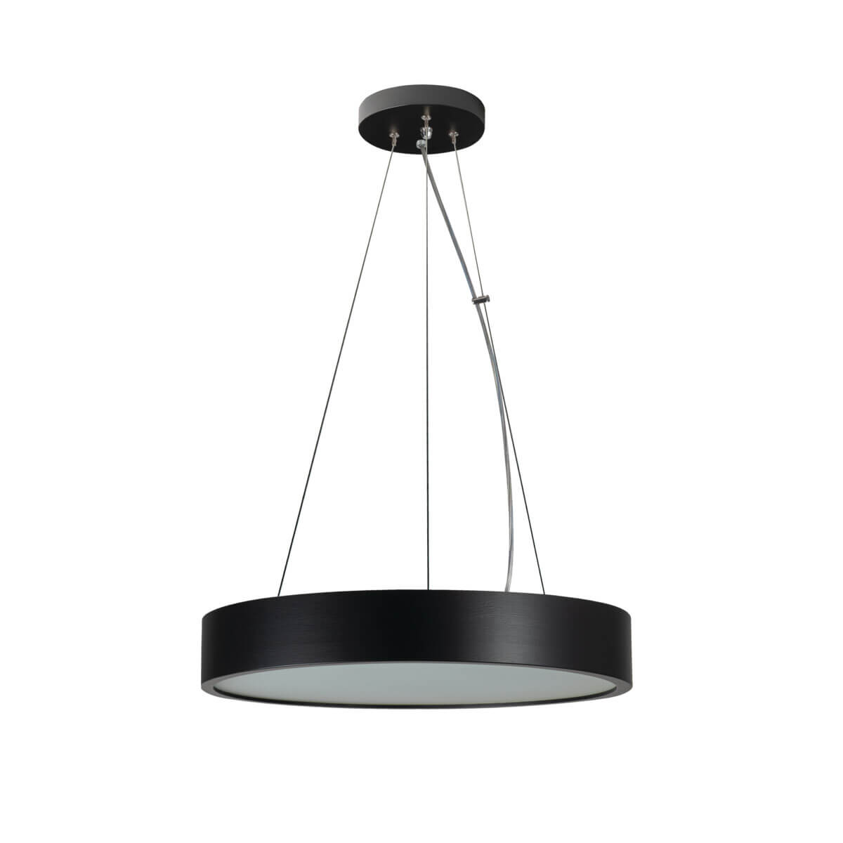 Suspension noire vue de face avec diffuseur en verre et câbles fins.