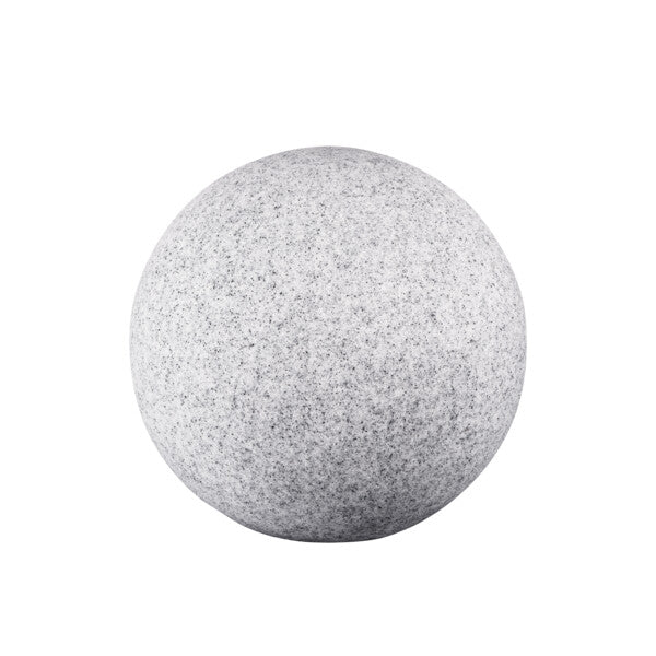 Luminaire sphérique extérieur gris tacheté, présenté de face sur fond neutre.