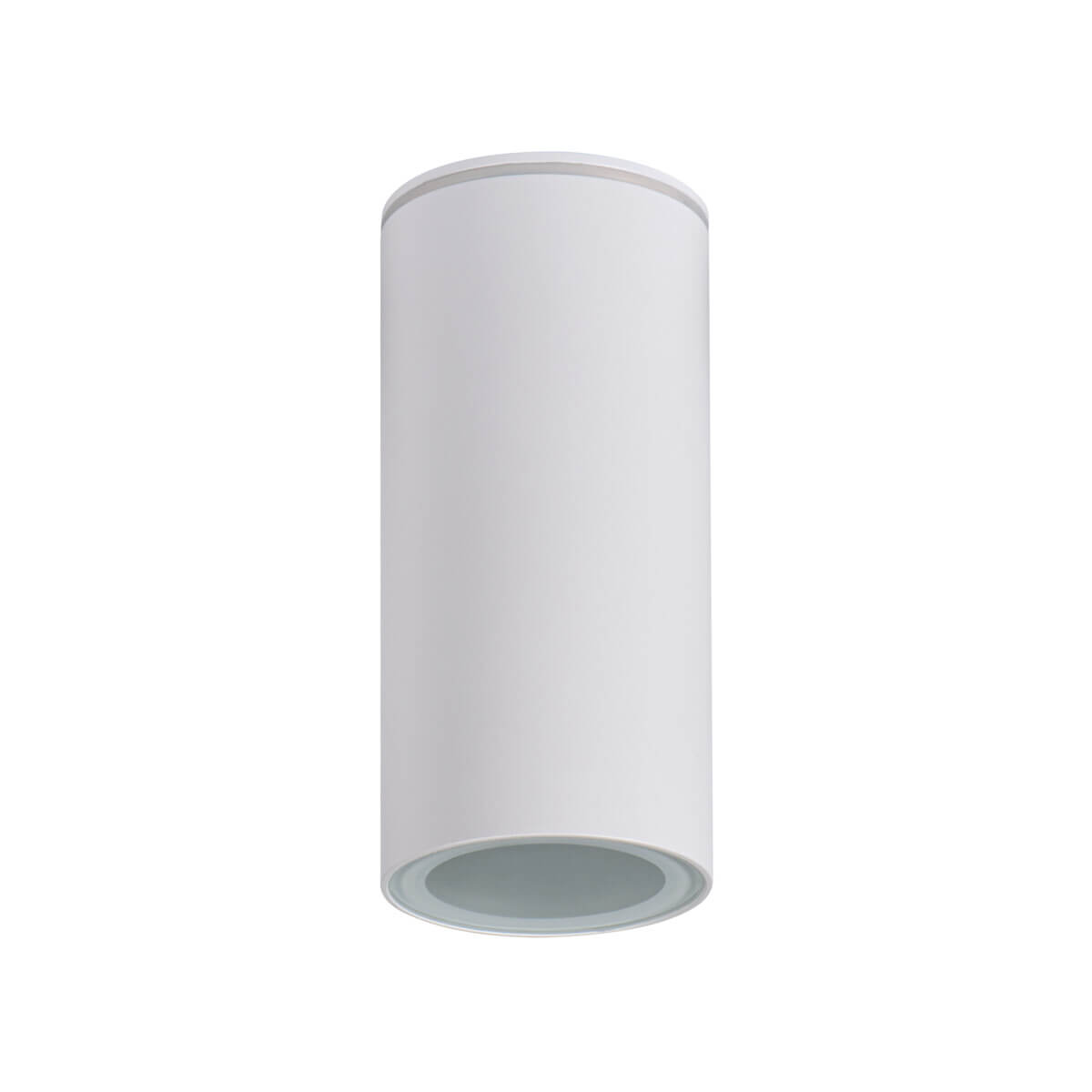 Vue de face du spot blanc cylindrique, ouverture orientée vers le bas.